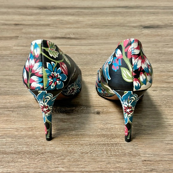 Prada St Ramage Black Floral Print Saffiano Leather Stiletto High Heels 7.5 37.5 - Picture 7 of 12